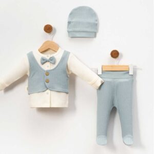 BABY BOY SNAPSUIT SET CREAM AND BLUE