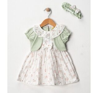 BABY GIRL WHITE & GREEN DRESS WITH HEADBAND