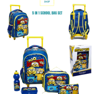 5 IN 1 SCHOOL BAG TROLLEY SET BLUE MINIONS