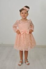 GIRL PEACH LACE DRESS WITH HEADCLIP